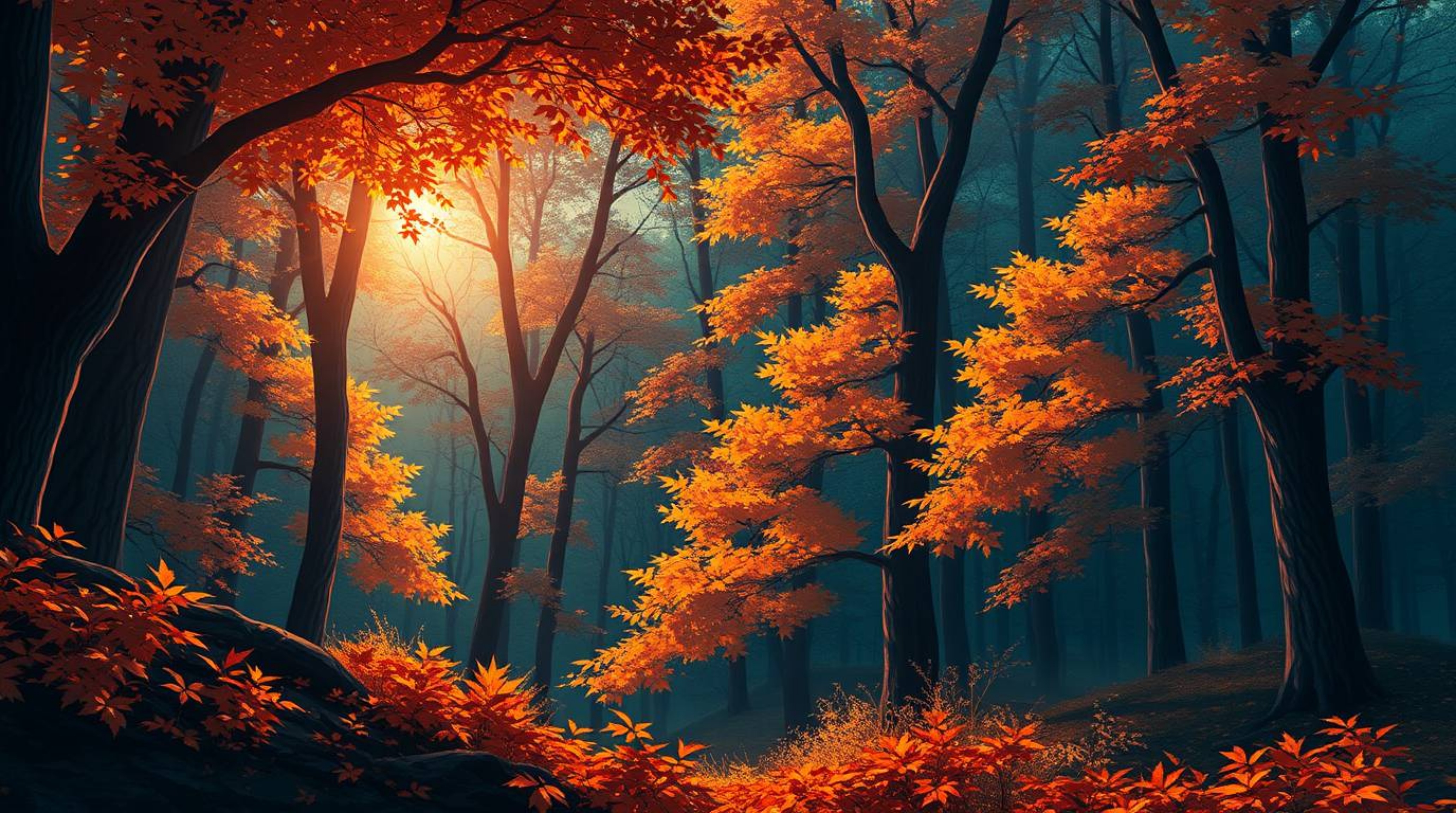 Experience the enchanting beauty of an isekai-inspired autumn forest, bathed in the warm glow of a setting sun. Rich, deep te