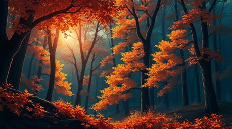 Experience the enchanting beauty of an isekai-inspired autumn forest, bathed in the warm glow of a setting sun. Rich, deep te