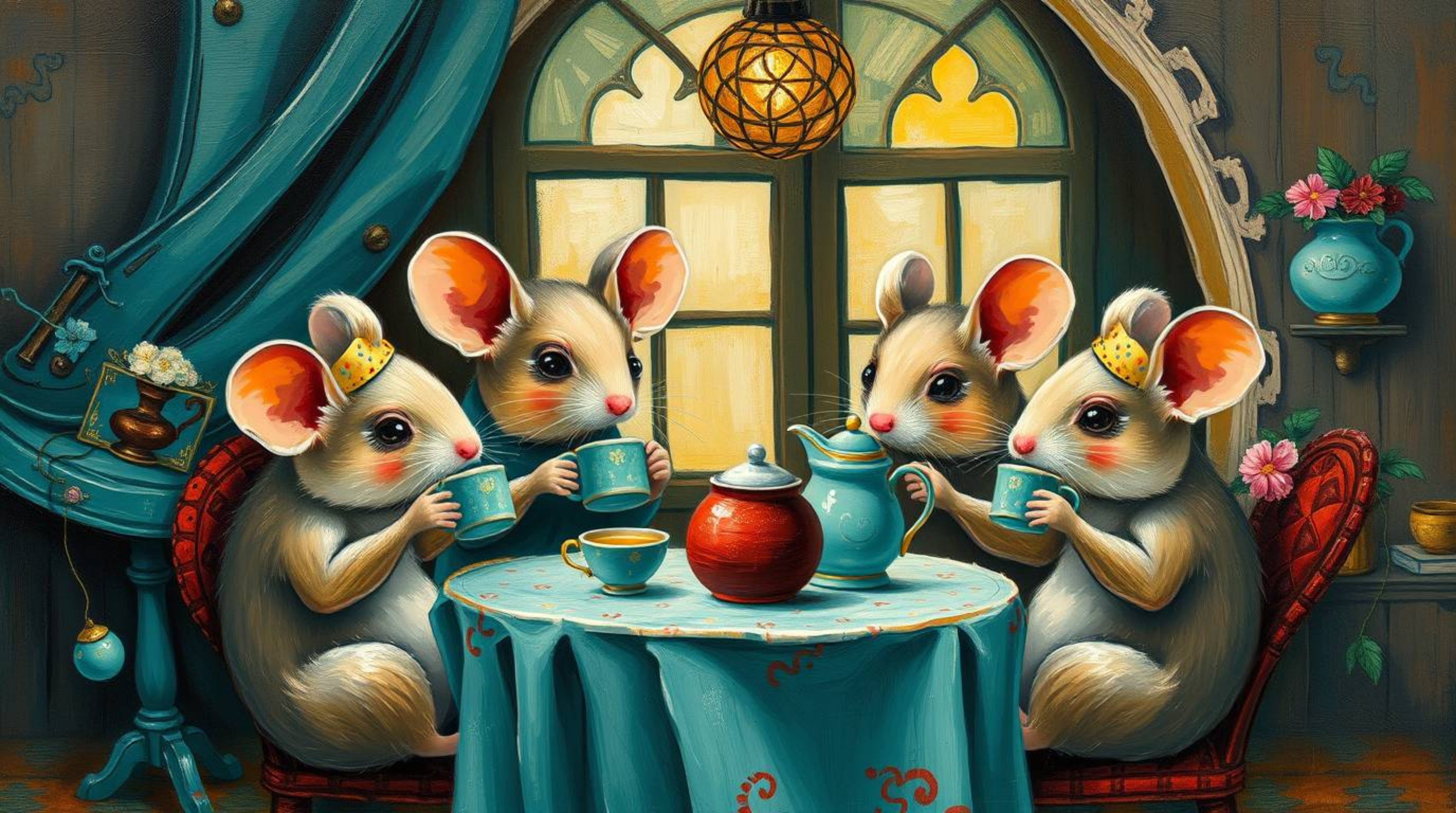 A captivating acrylic painting depicts anthropomorphic mice elegantly enjoying a tea party within a cozy cottage setting.  Th