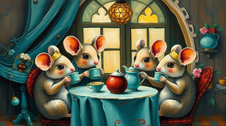 A captivating acrylic painting depicts anthropomorphic mice elegantly enjoying a tea party within a cozy cottage setting. Th