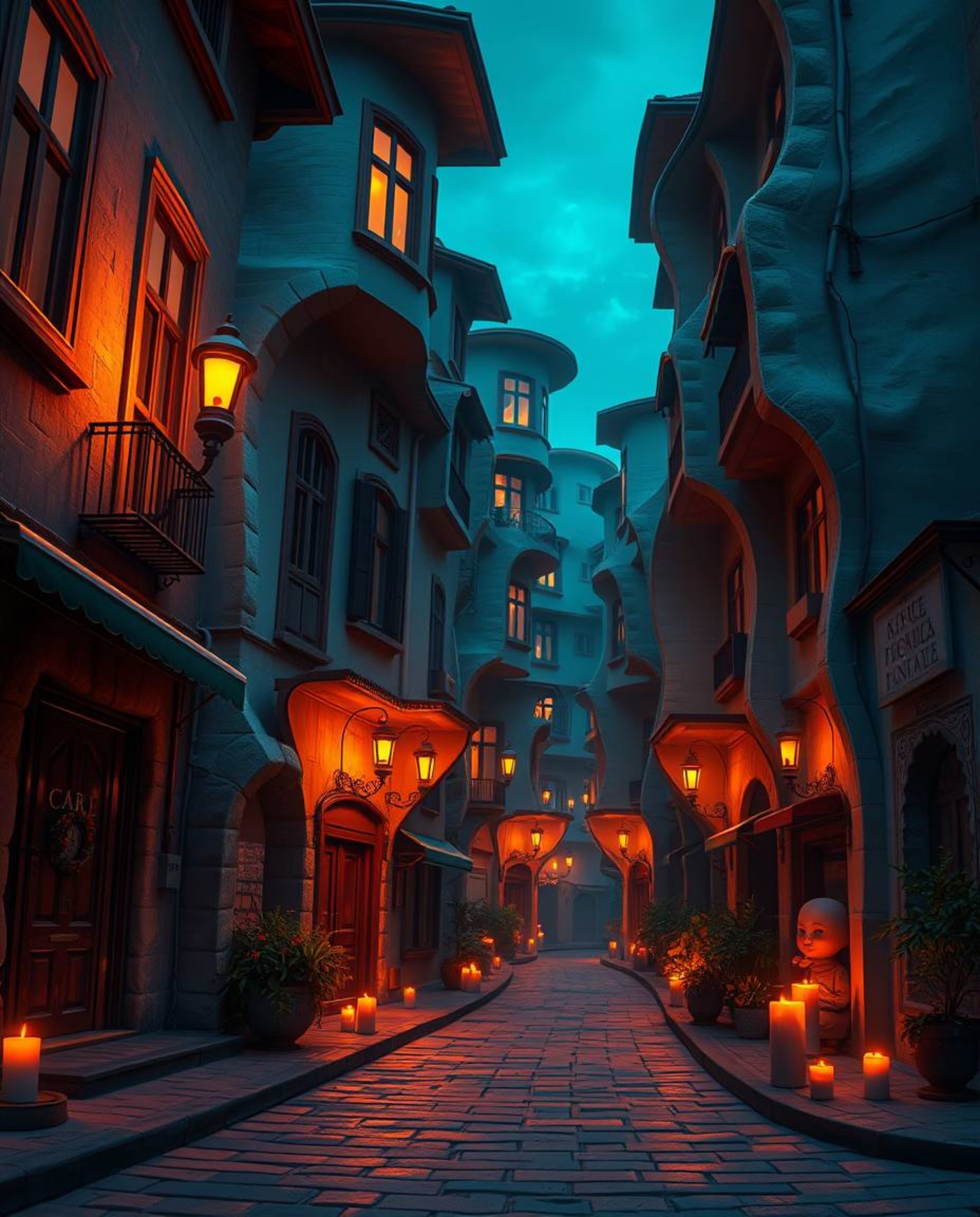 Discover a captivating surreal street scene featuring folding and twisting buildings bathed in warm candlelight.  The rich, d