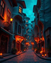 Discover a captivating surreal street scene featuring folding and twisting buildings bathed in warm candlelight.  The rich, d
