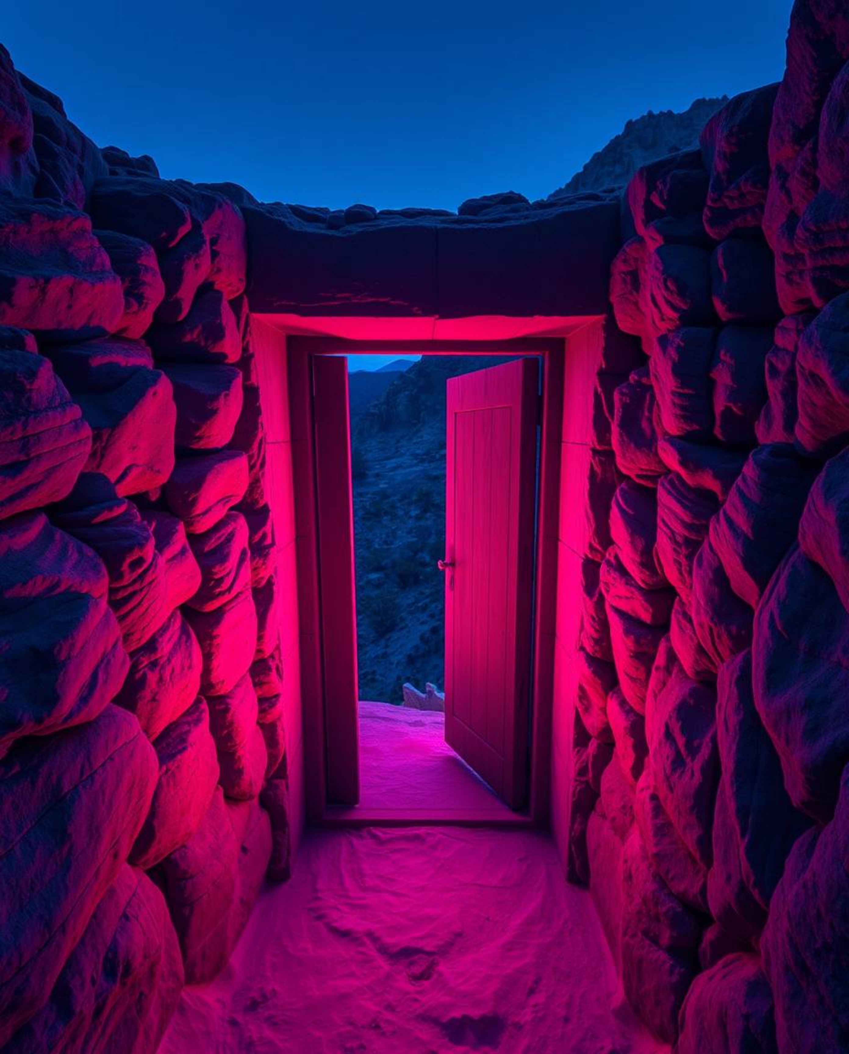 A captivating high-angle perspective showcases an ancient doorway embedded within a mountainside, radiating with glowing rune