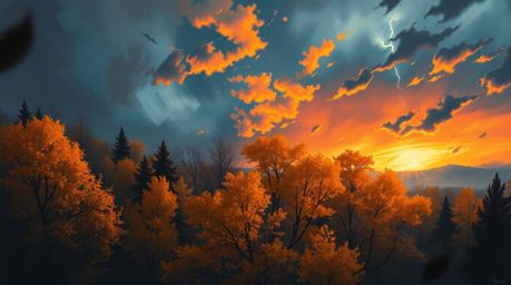 Experience the breathtaking beauty of an autumn forest bathed in the electric hues of a dramatic sunset.  Golden leaves shimm