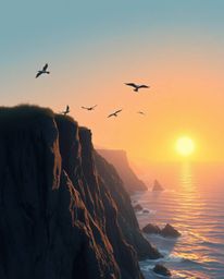 This is an illustration of a sunset over a coastal cliff, complete with soaring birds. The artwork is rendered with gentle, s