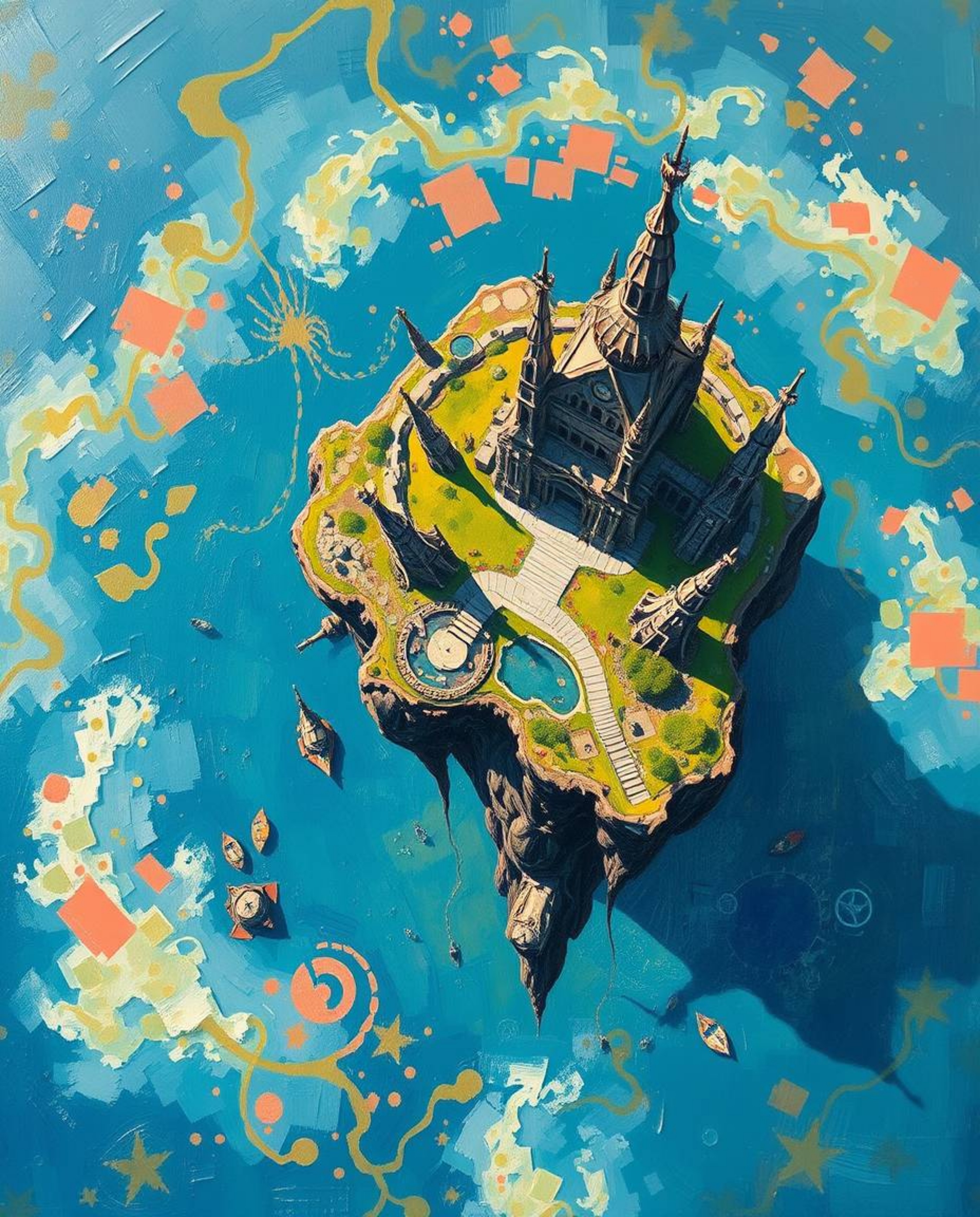 This bold acrylic painting showcases a surreal floating island with strange and captivating architecture. The overhead bird's