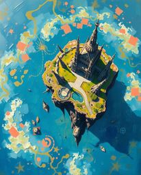 This bold acrylic painting showcases a surreal floating island with strange and captivating architecture. The overhead bird's
