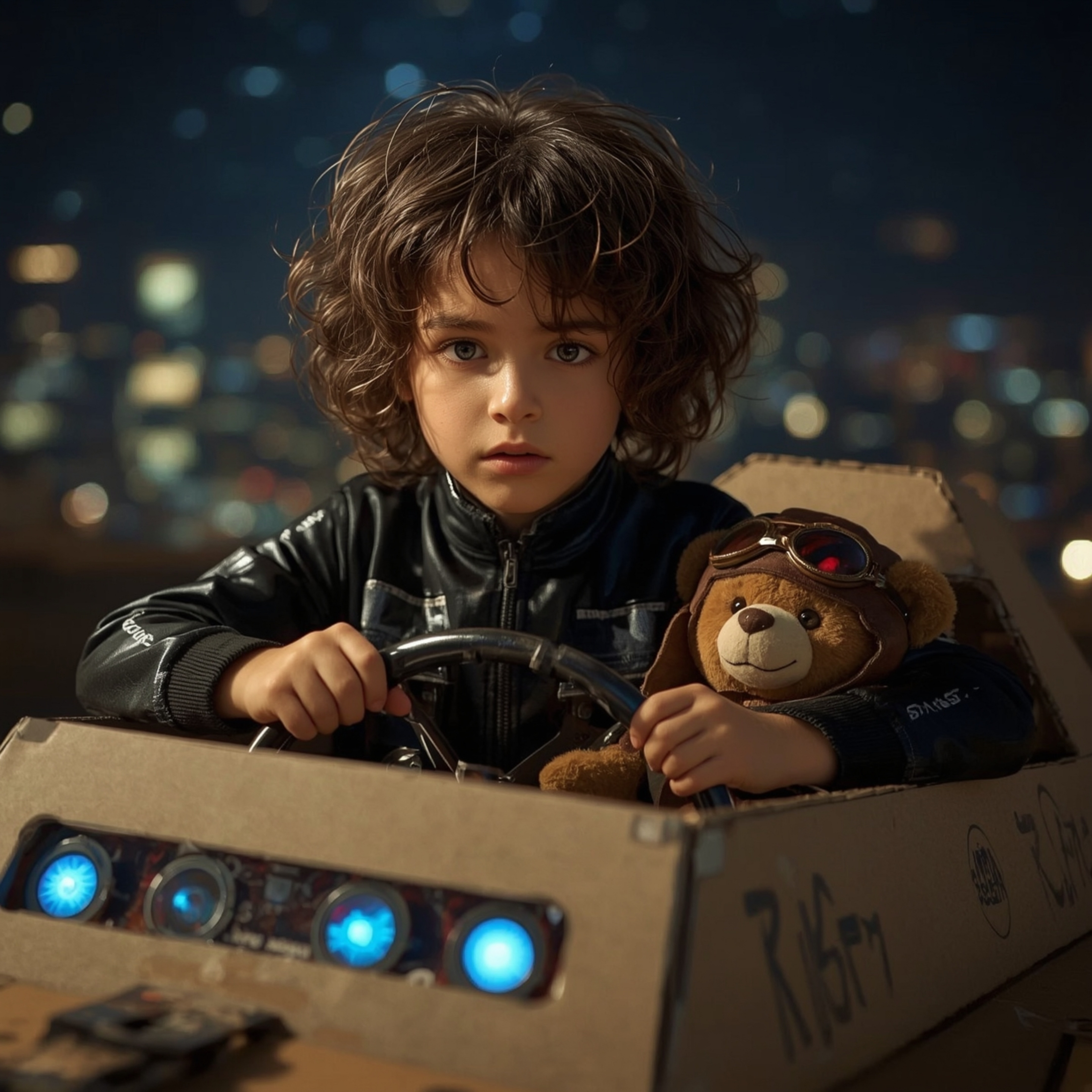 Embark on a whimsical journey with a young boy, distinguished by vibrant blue eyes and curly brown hair, as he constructs an 
