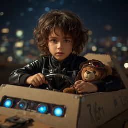 Embark on a whimsical journey with a young boy, distinguished by vibrant blue eyes and curly brown hair, as he constructs an 