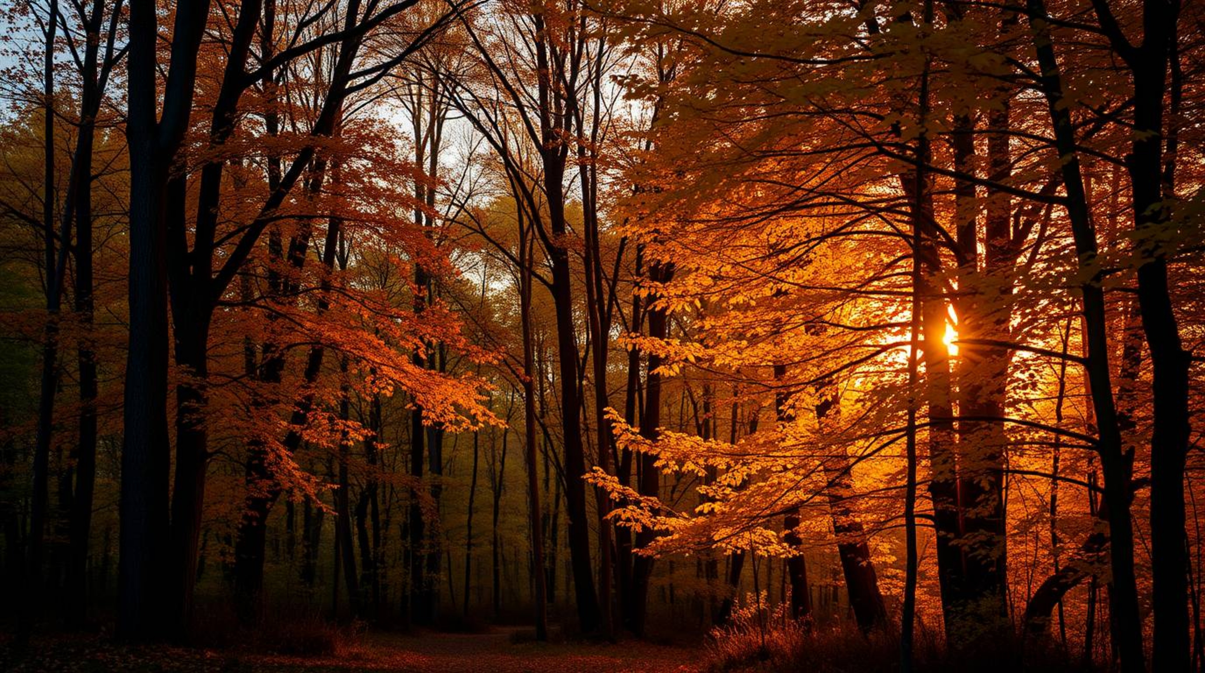 A stunning high-resolution stock photo captures the vibrant beauty of an autumn forest bathed in the golden light of sunset. 