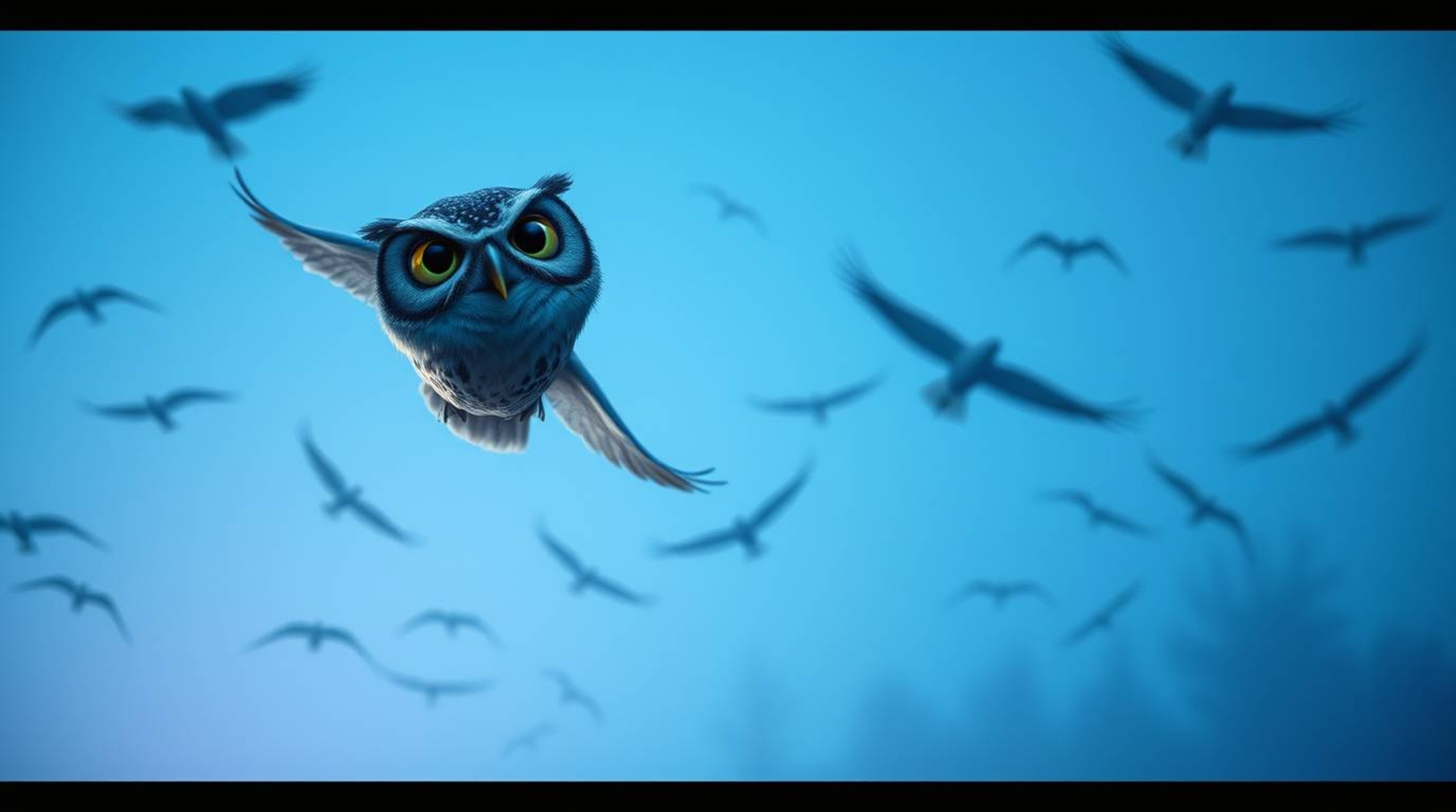 This captivating long exposure photo features a Pixar-esque blind owl with large, expressive eyes, perched high while oversee