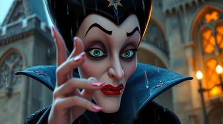 A classic Disney villain with fair skin and detailed features casts a spell within an old castle. The scene is set on a wet, 