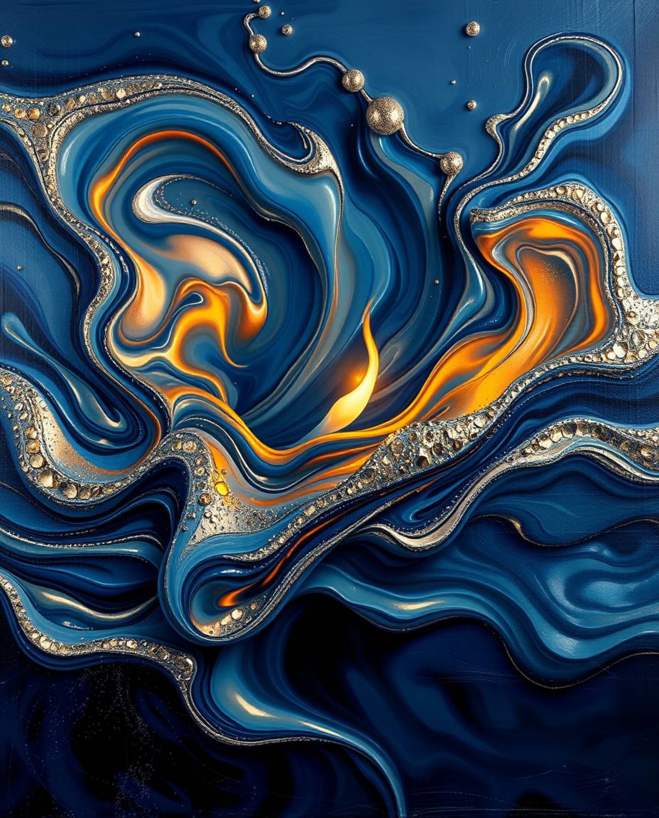 This captivating artwork features a bold acrylic painting of smooth 3D fluid shapes adorned with metallic textures, seemingly