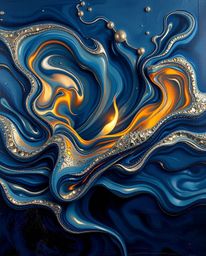 This captivating artwork features a bold acrylic painting of smooth 3D fluid shapes adorned with metallic textures, seemingly