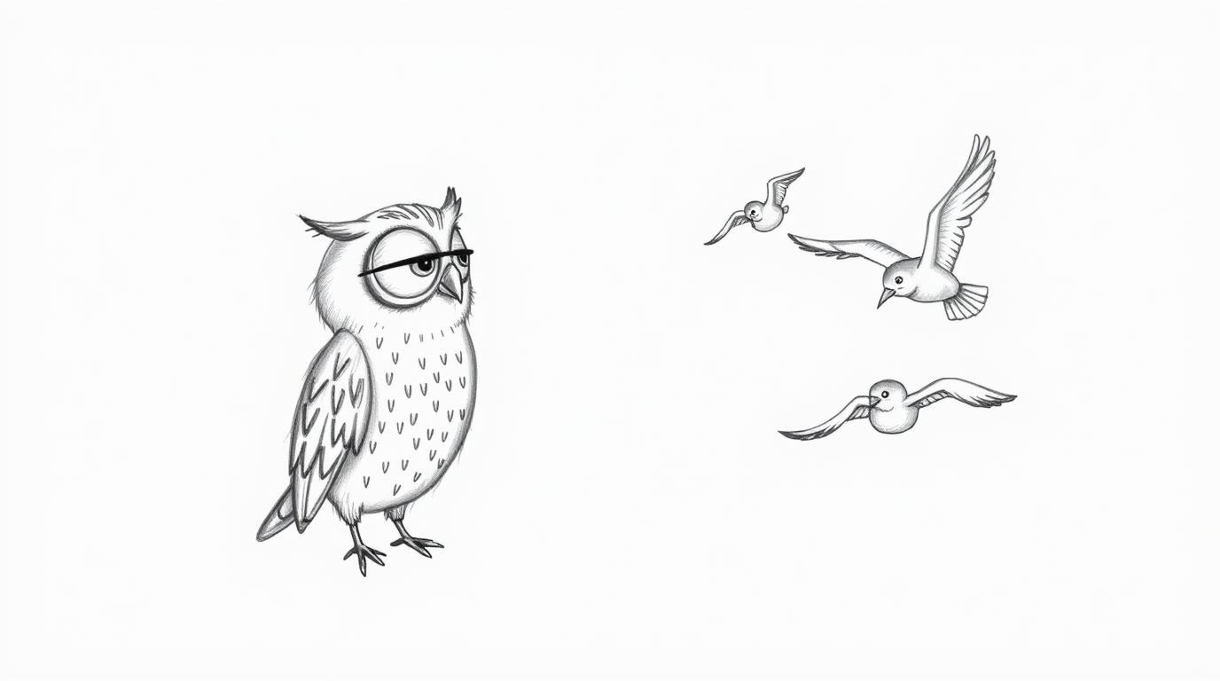 A heartwarming hand-drawn sketch reminiscent of Pixar, portraying a blind owl passionately teaching birds how to fly.  The ow