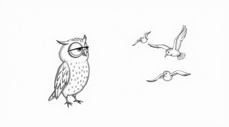 A heartwarming hand-drawn sketch reminiscent of Pixar, portraying a blind owl passionately teaching birds how to fly.  The ow
