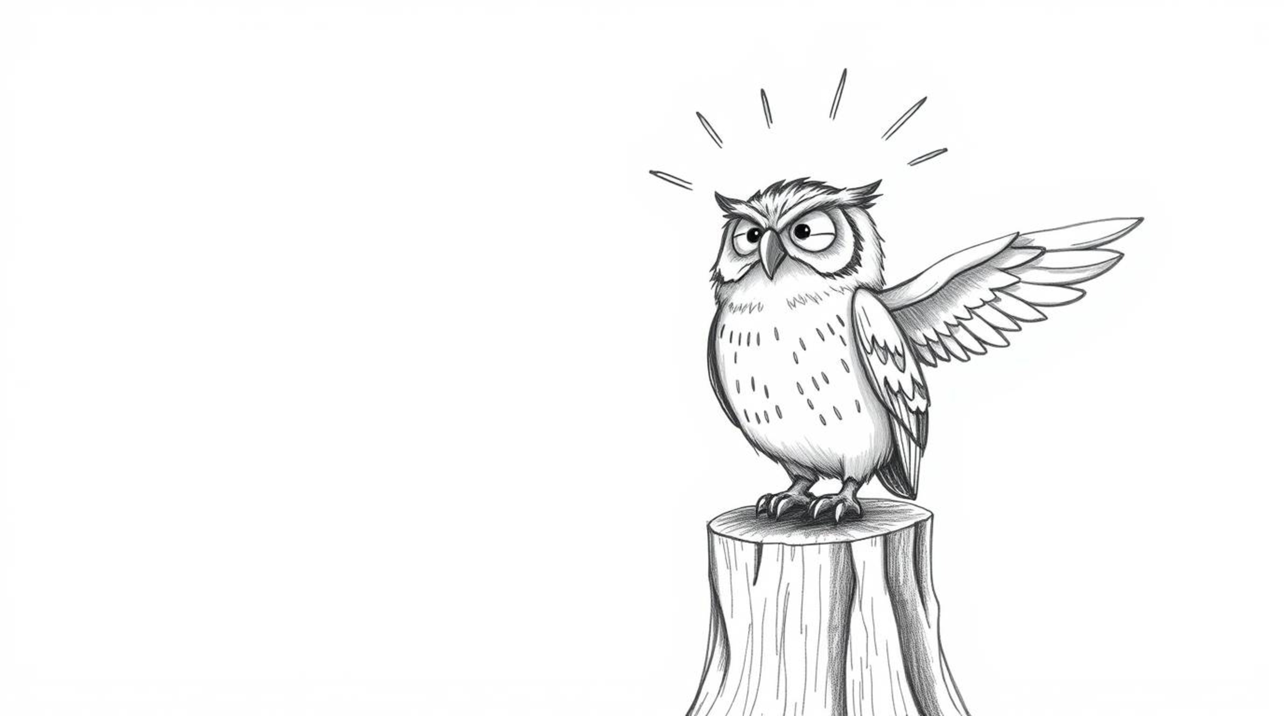 A heartwarming scene depicts a blind owl in Pixar animation style, radiating joy as it sits on a tree stump. The image is rem