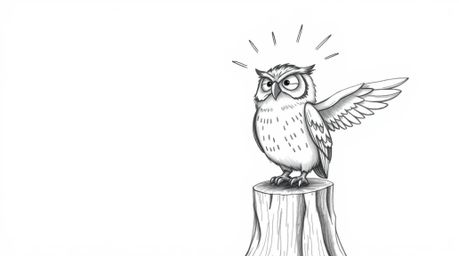 A heartwarming scene depicts a blind owl in Pixar animation style, radiating joy as it sits on a tree stump. The image is rem