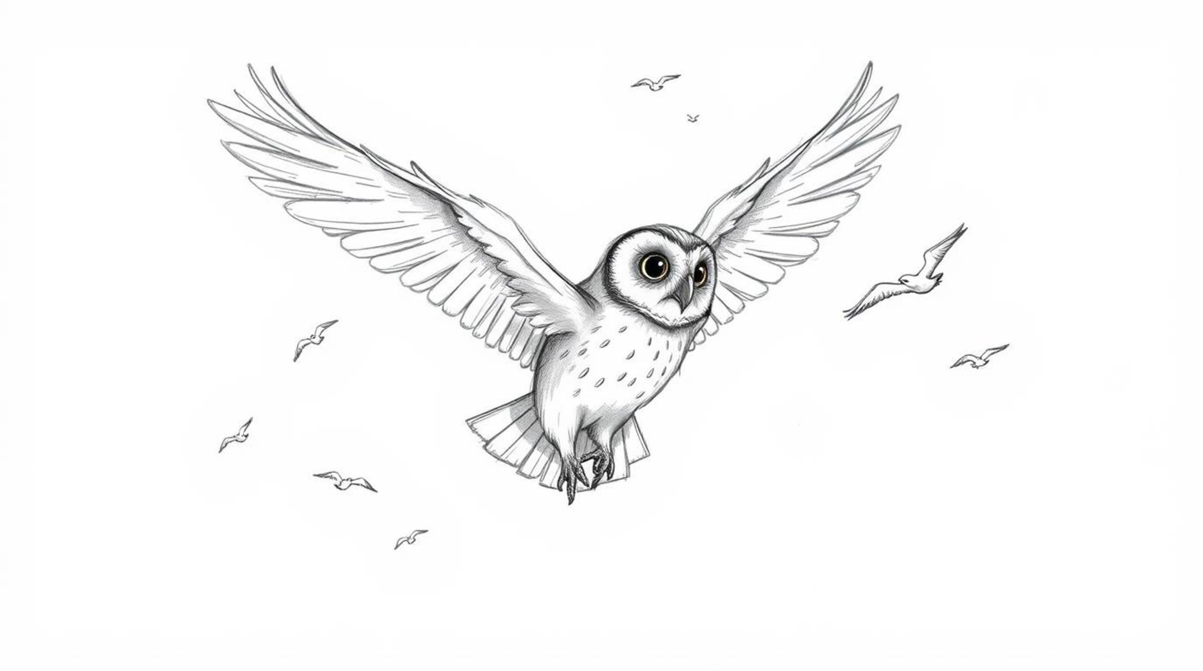 A captivating hand-drawn sketch in the style of Pixar depicts a blind owl, mid-flight, gracefully sketching and teaching bird