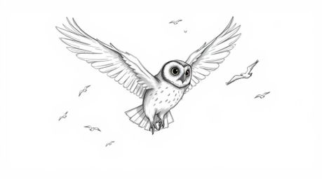 A captivating hand-drawn sketch in the style of Pixar depicts a blind owl, mid-flight, gracefully sketching and teaching bird