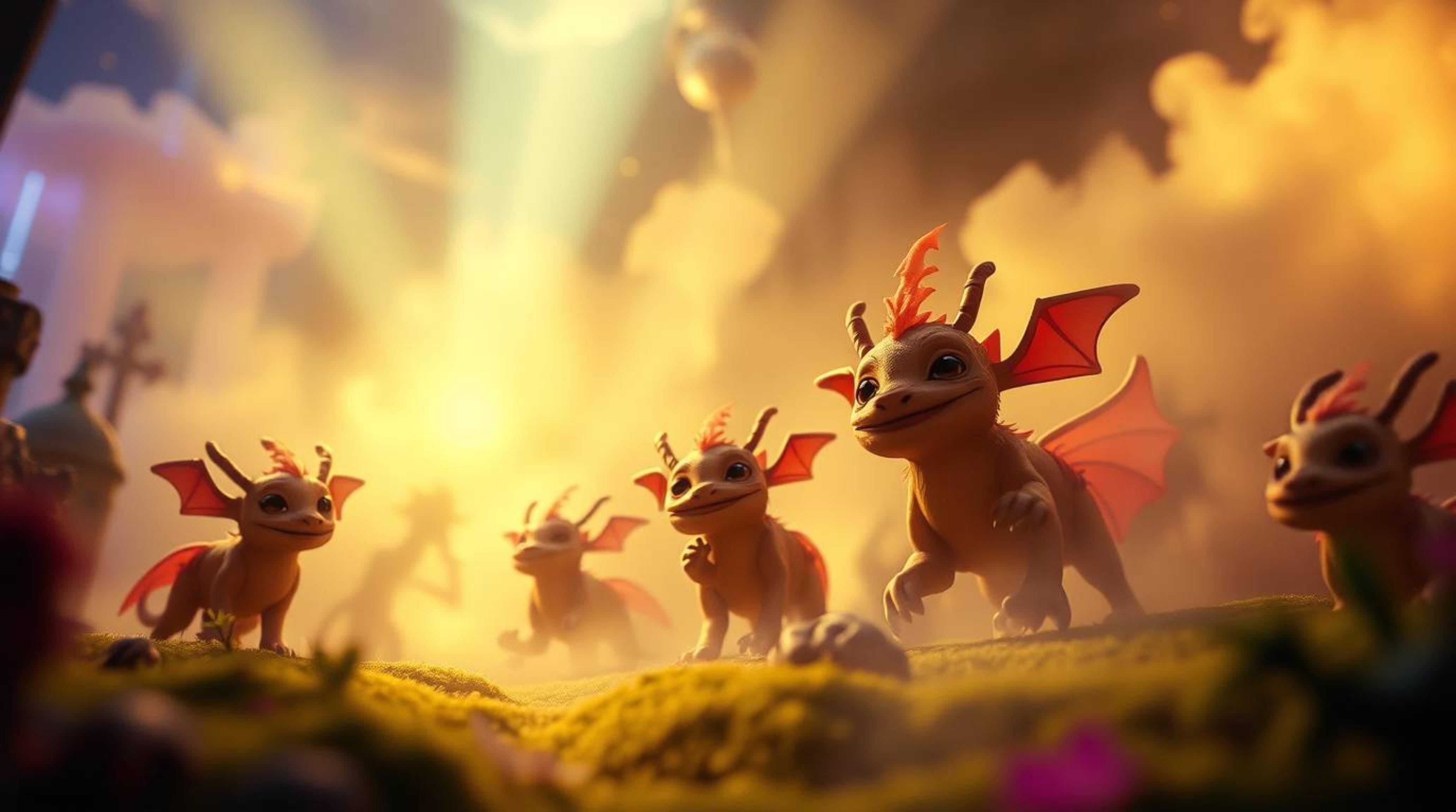 A captivating image showcasing a fantasy kingdom teeming with quirky magical creatures, rendered in a volumetric lighting sty