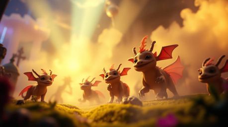 A captivating image showcasing a fantasy kingdom teeming with quirky magical creatures, rendered in a volumetric lighting sty