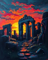 Discover a bold acrylic painting that captures an eerie and creepy depiction of ancient stone ruins at sunset. This piece is