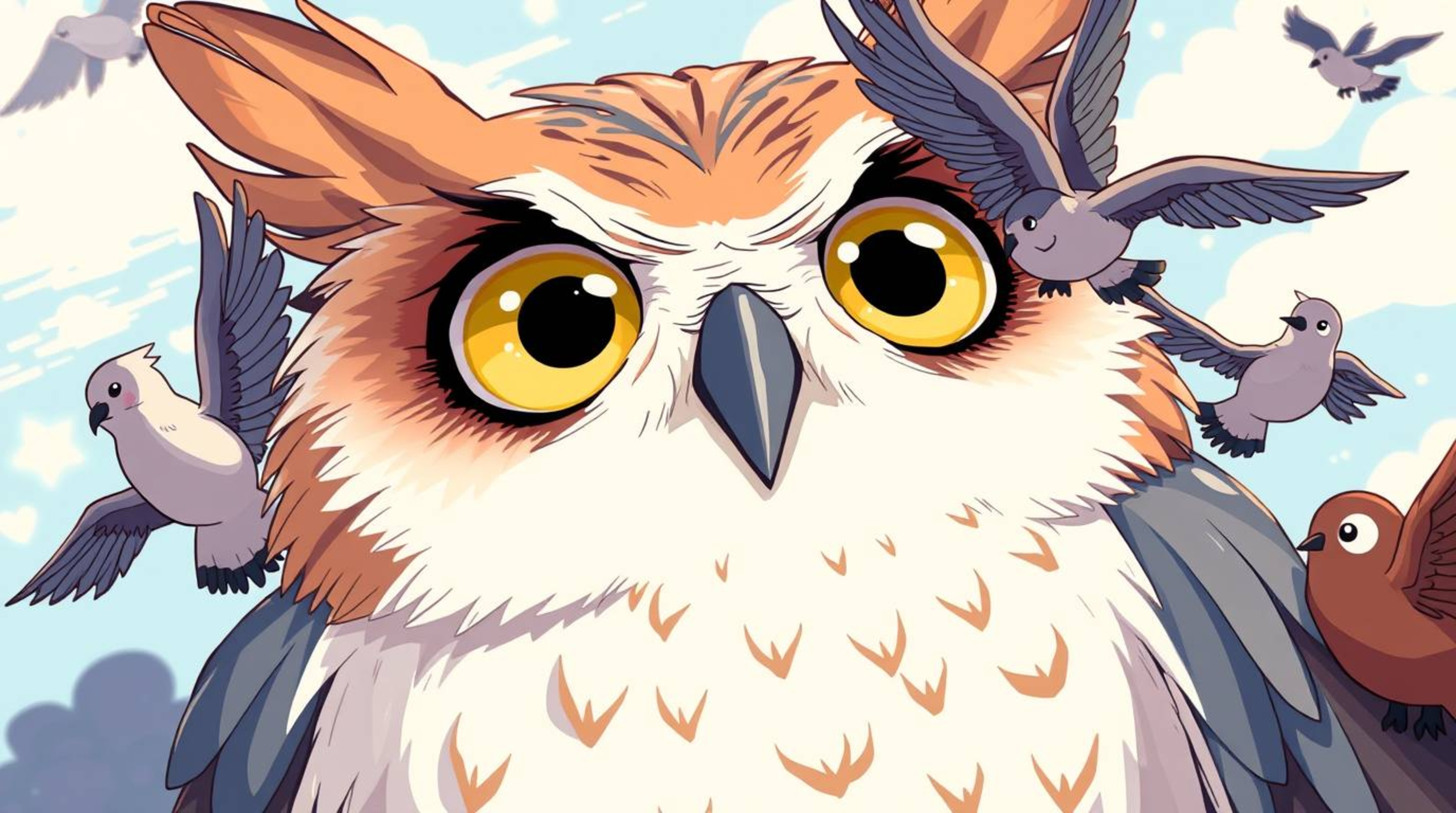 A captivating Isekai anime-style illustration depicts a blind owl with expressive, Pixar-inspired features. The owl, surprisi