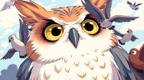 A captivating Isekai anime-style illustration depicts a blind owl with expressive, Pixar-inspired features. The owl, surprisi