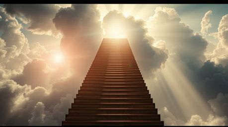 Experience a dramatic cinematic scene featuring a golden staircase ascending through clouds towards a radiant heaven. Sunligh