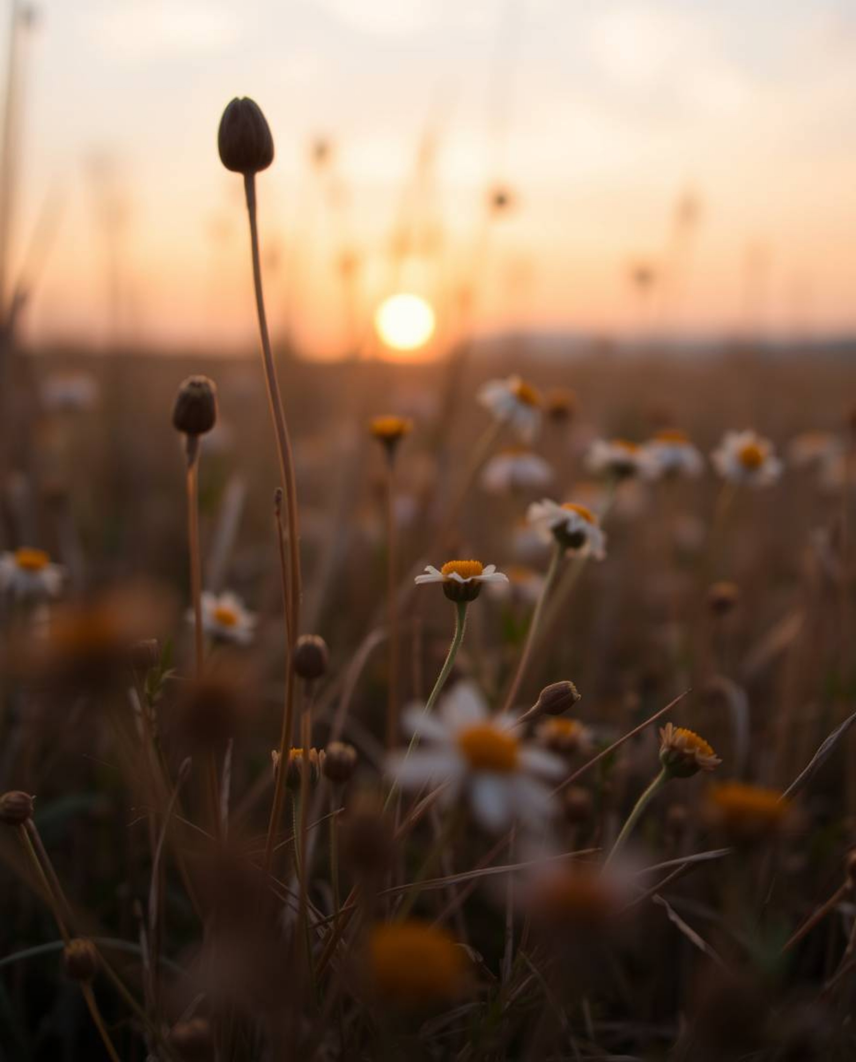 An extreme macro close-up photograph focuses on the minute details of a spring wildflower meadow at sunset. The image is beau