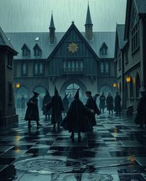 A stunning jet-black depiction of a magical school teeming with young wizards, set amidst a wet and rainy atmosphere. The sce