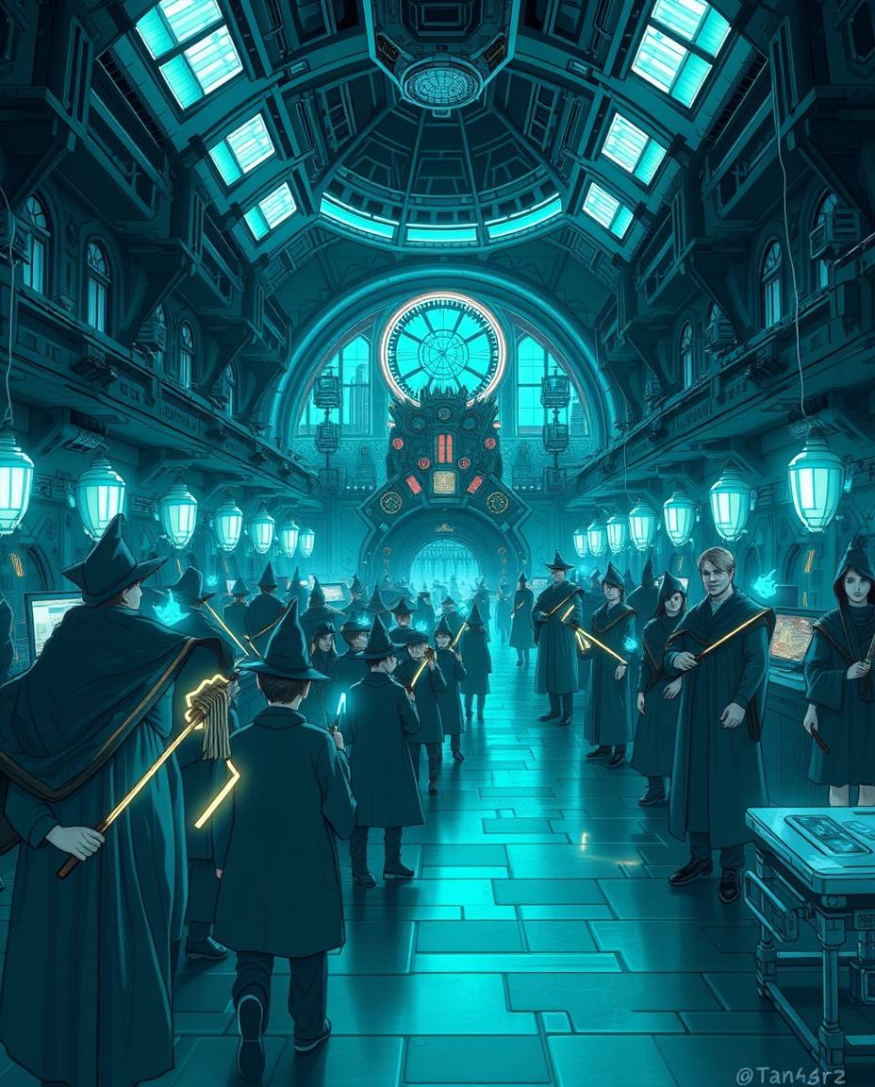 Explore a breathtaking futuristic sci-fi illustration of a magical school teeming with young wizards. This grand, epic scale 