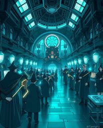 Explore a breathtaking futuristic sci-fi illustration of a magical school teeming with young wizards. This grand, epic scale 