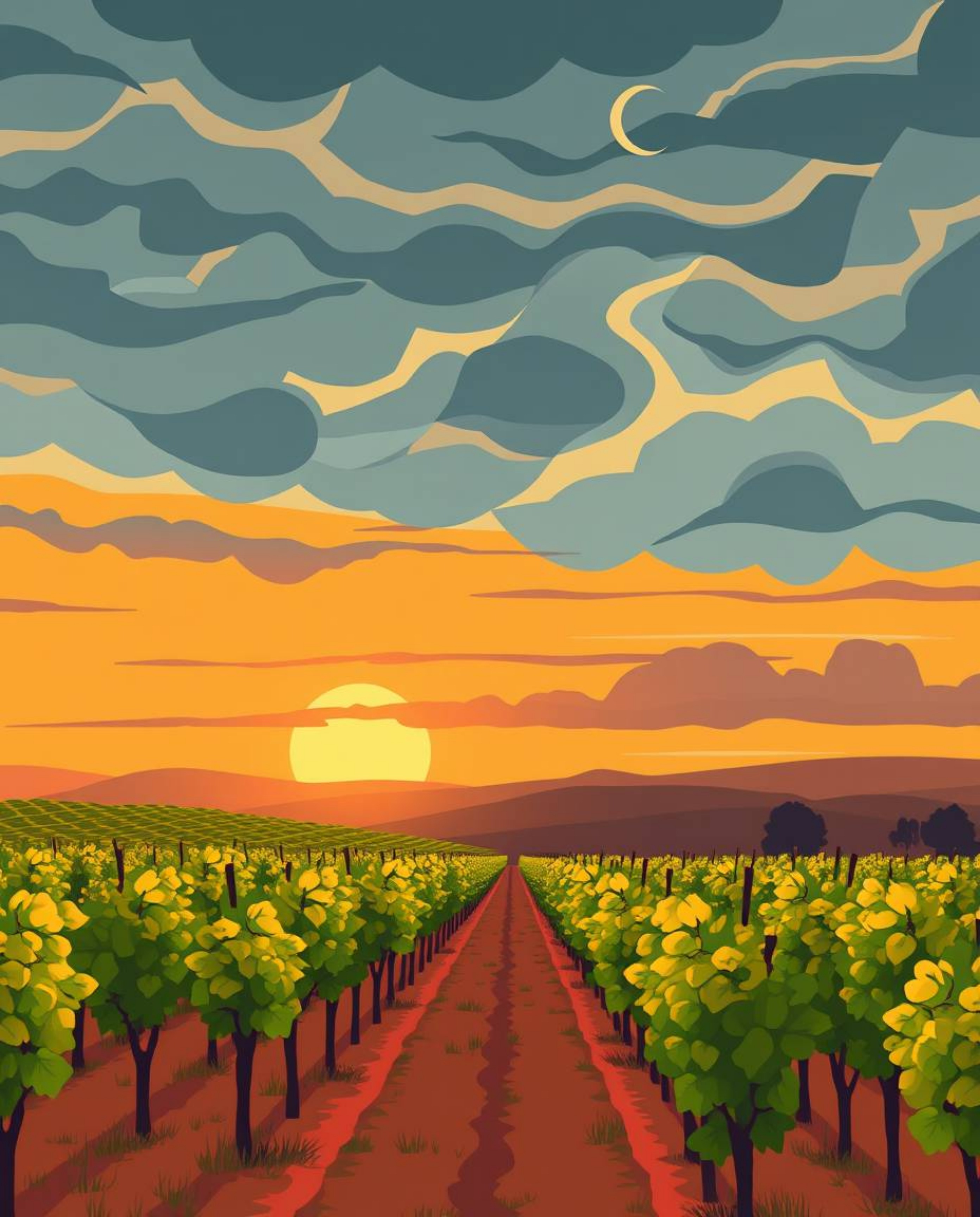 This modern flat design vibrantly depicts a sunset over a vineyard under dramatic stormy skies. Using simple two-dimensional 