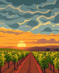 This modern flat design vibrantly depicts a sunset over a vineyard under dramatic stormy skies. Using simple two-dimensional 
