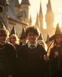 Immerse yourself in a cinematic world of magical schools and young wizards, bathed in the warm glow of golden hour light. Exp