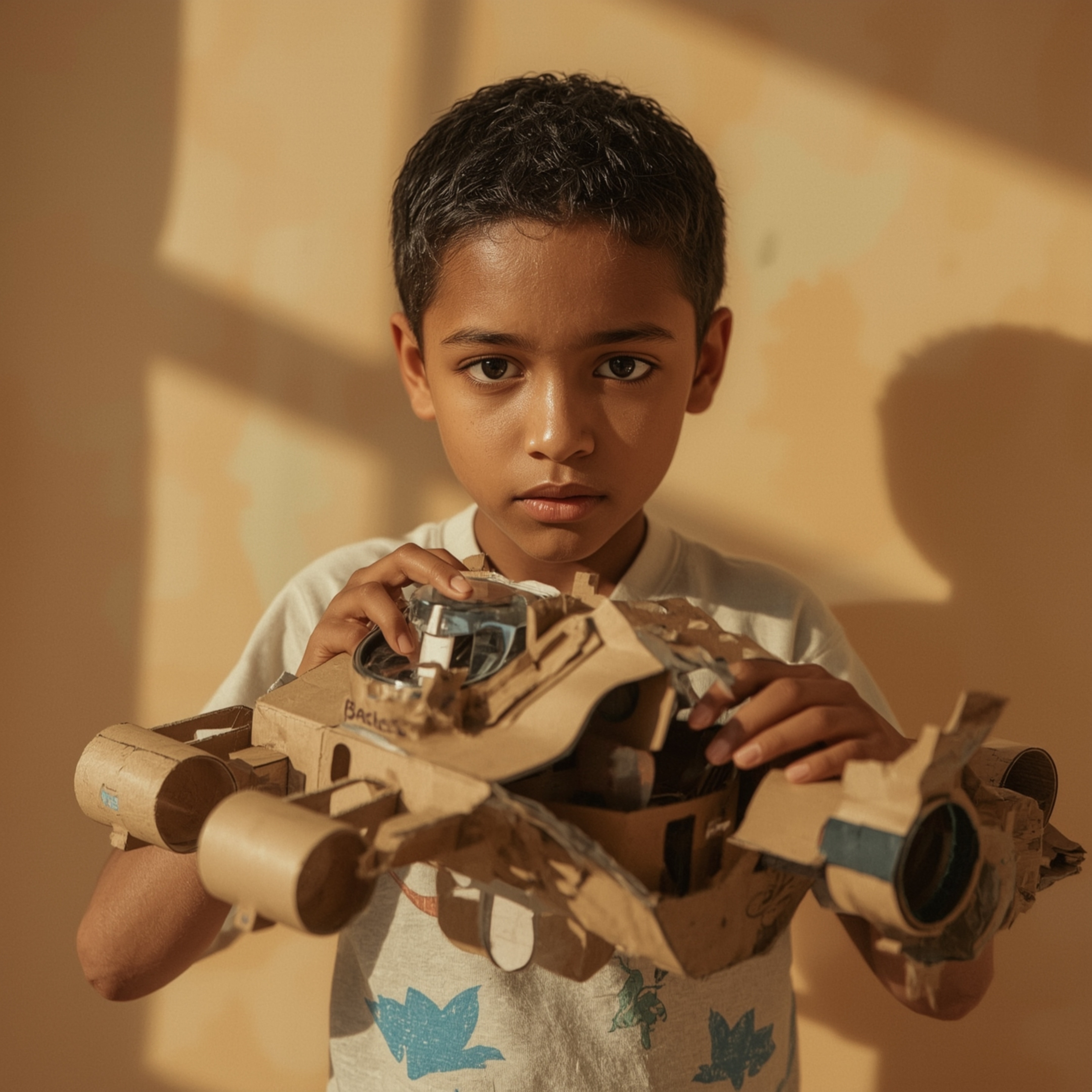 Exquisite high-fashion photography captures a bright-eyed boy with smooth brown skin building a remarkably lifelike cardboard