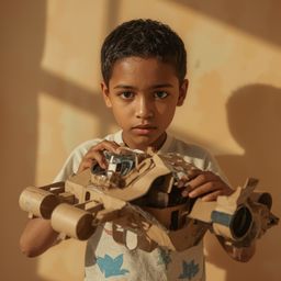 Exquisite high-fashion photography captures a bright-eyed boy with smooth brown skin building a remarkably lifelike cardboard