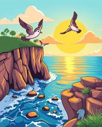 A lively, energetic, and adorable depiction captures a sunset over a coastal cliff with soaring birds. The scene is rendered 