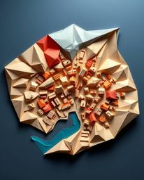 This intricate origami-style abstract city map, viewed from above, is a stunning composition of geometric shapes and folded p