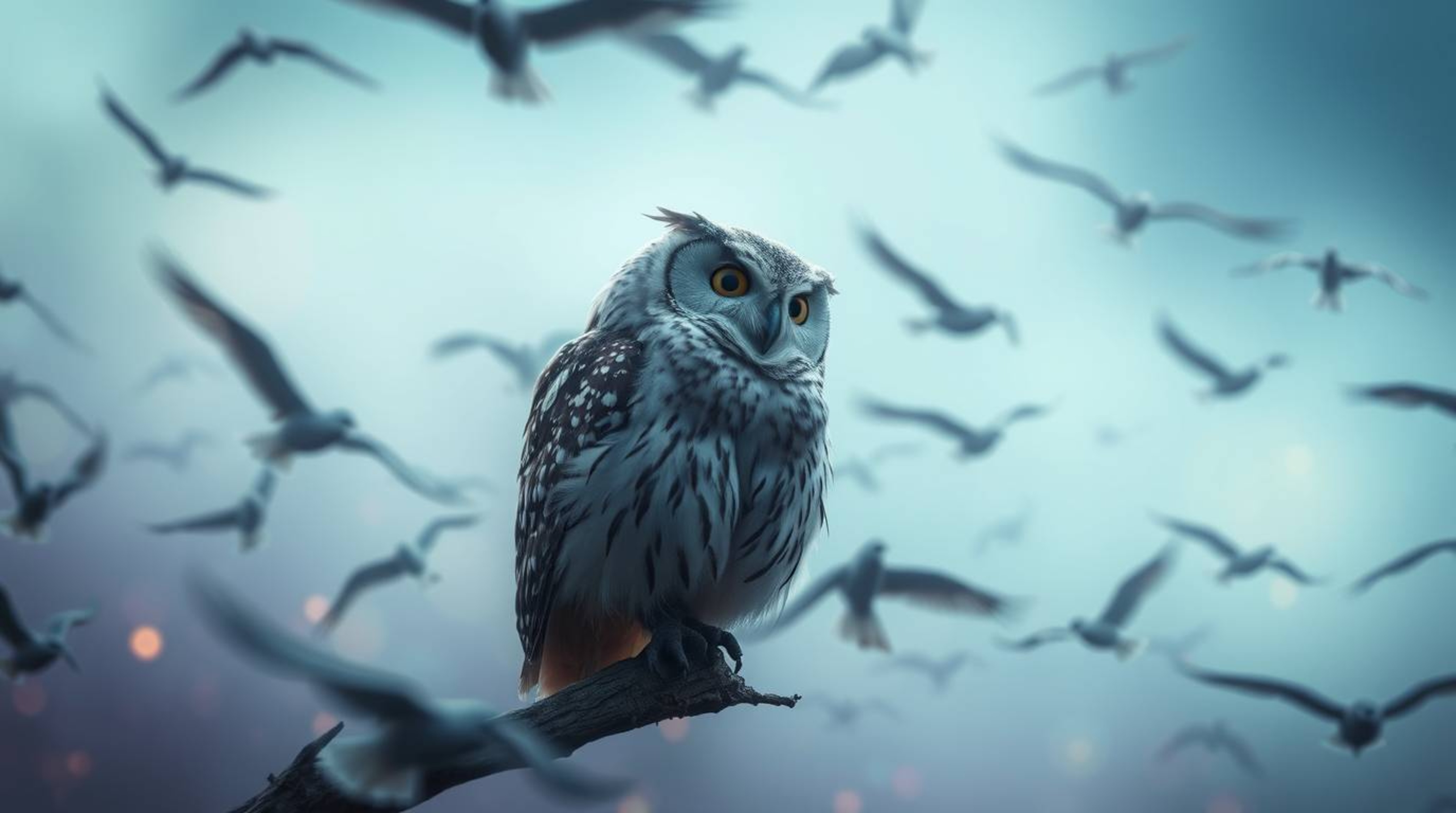 A long exposure photograph captures a wise, blind owl, rendered in a charming Pixar style with soft plumage, perched high abo