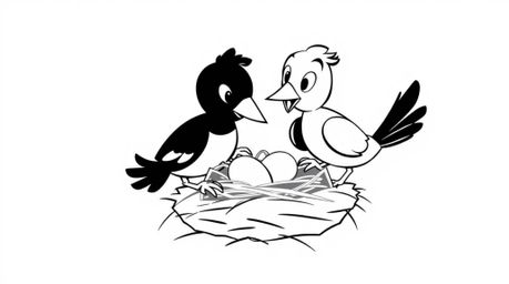 A timeless and elegant classic black and white animation featuring two cartoon birds diligently building a nest. This charmi