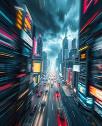 A dynamic, motion-blurred image depicting a futuristic city in a glitch-mode aesthetic.  Featuring flickering lights, broken 