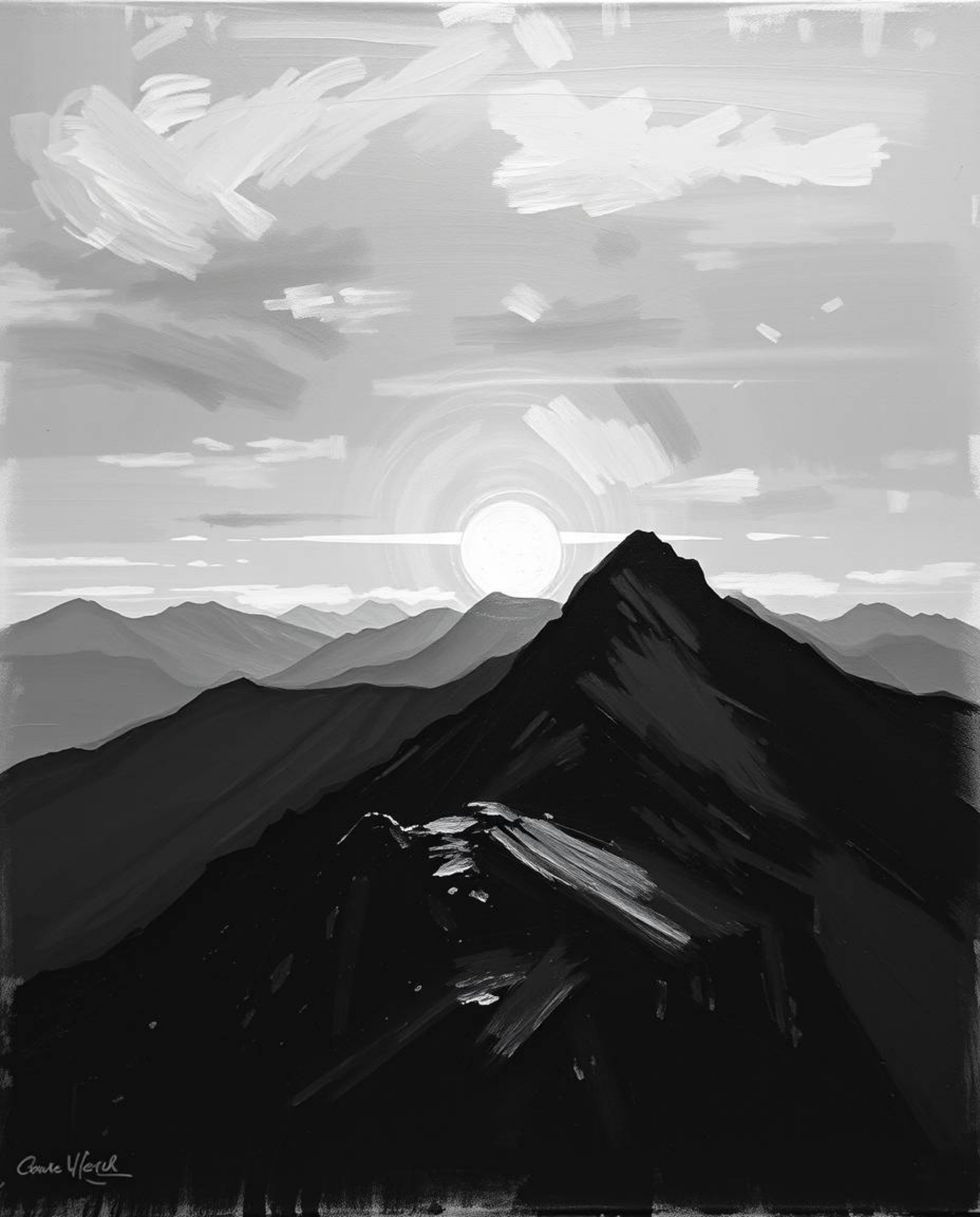 This is a classic black and white oil painting depicting a serene sunset from a high alpine peak. The artwork exudes a timele