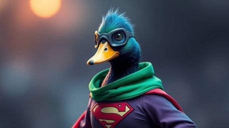 This stunning digital painting showcases a duck dressed in a zany superhero costume, complete with a blurred bokeh effect tha