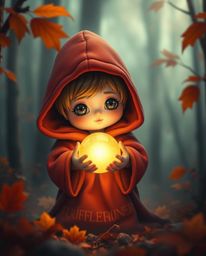 Encounter a captivating scene featuring a cloaked figure in a misty forest, illuminated by the soft, warm glow of an orb. Thi