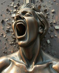 A captivating image depicting a person screaming as their world fractures into pixelated fragments, rendered on a cast bronze
