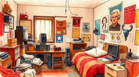 This artwork captures the essence of a lived-in space, a messy bedroom filled with curious gadgets and vibrant posters.  Rend