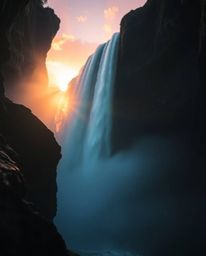 A tight close-up shot of bioluminescent colors at sunset behind a dramatic waterfall. Using natural light, the image captures